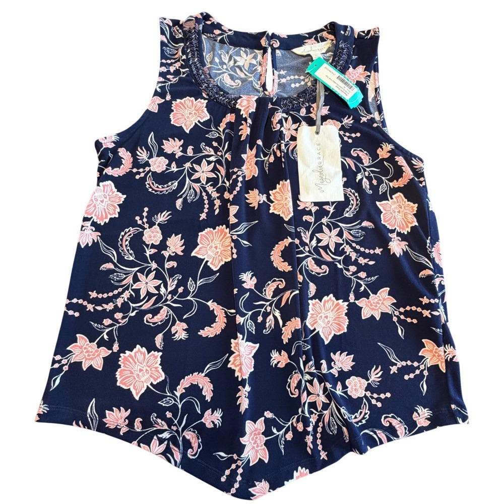 Magnolia‎ Grace Amal Beaded Neckline Knit Top Navy Floral Sleeveless XL New